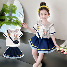 女童兔耳朵学院风短裙两件套2024夏季新款洋气时髦儿童女宝宝套装
