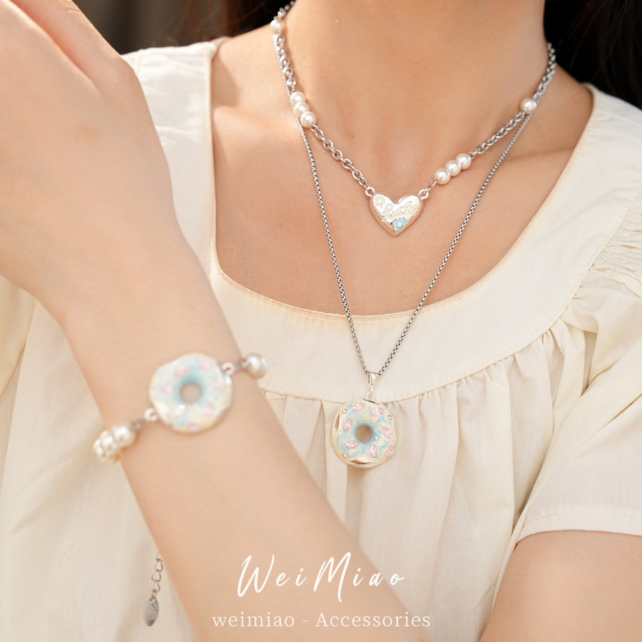 Zircon goteo de amor donut doble collar de perlas ligero lujo nicho cadena de clavícula adorable conjunto de joyas de moda image 3