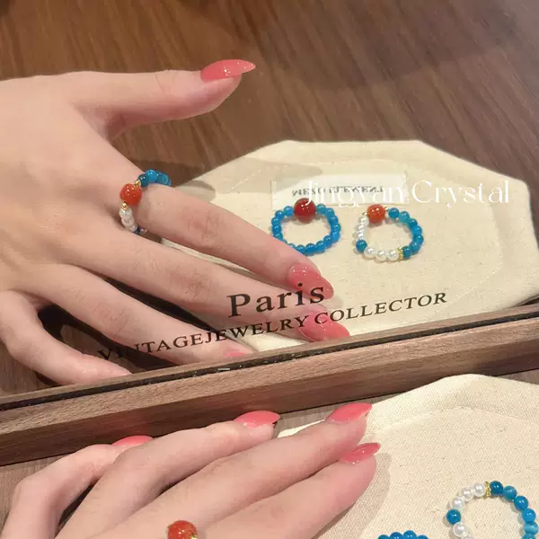 Original design, natural crystal blue phosphorescent bead string, crystal, South Red Agate, red agate, elastic cord, wholesale rings for women