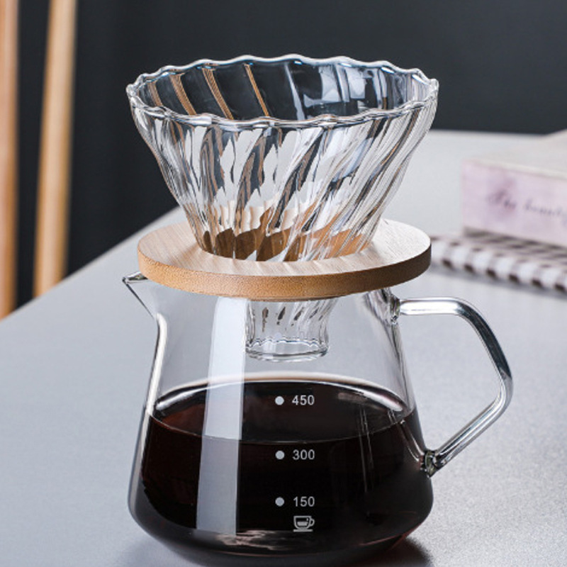 Suministro de vidrio de borosilicato mano Cafetera mano punzonado conjunto con bandeja de madera taza de filtro hogar vidrio café compartir olla