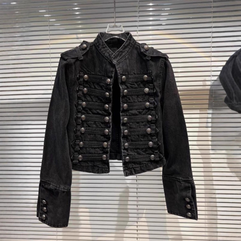 Trendy Short Jacket with Metal Double-Breasted Stand Collar Design for Spring and Autumn, Denim Jacket