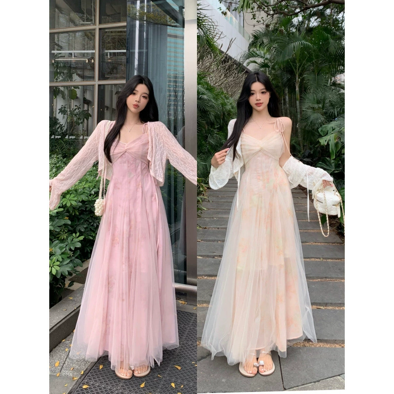 Настоящее фото утягивающего платья-бретельки больших размеров с милой сетчатой ​​вставкой на шнуровке и высокой талией + кружевной солнцезащитный кардиган.