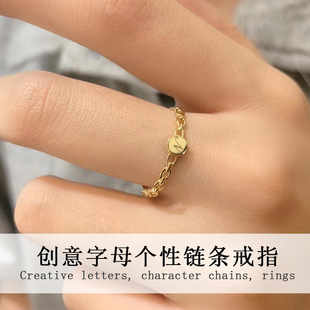 New K Gold Creative Letter Personalized Chain Ring Xintai 18K Gold Jewelry Women's Small Fresh Ring