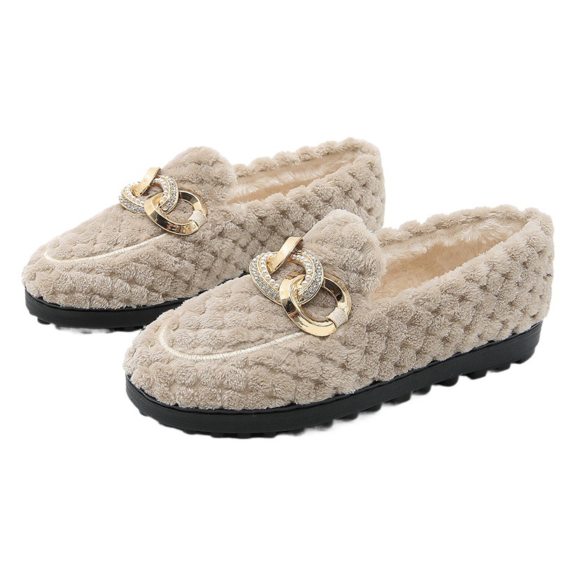 Zapatos de felpa para mujer nuevos Otoño e Invierno 2021 piel de cordero fondo grueso más tamaño zapatos de mujer planos con bombas de algodón de terciopelo zapatos de guisantes