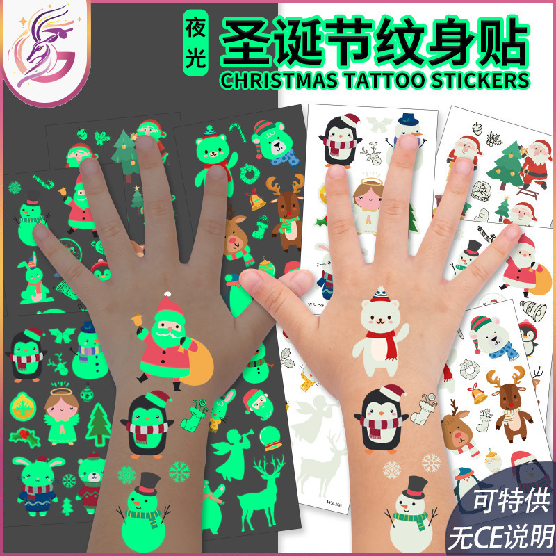Cross-Border Luminous Christmas Tattoo Stickers for Kidsren's Parties, Waterproof, Sweat-Proof, Environmentally Friendly, Santa Claus Kidsren's Cartoon Luminous Stickers