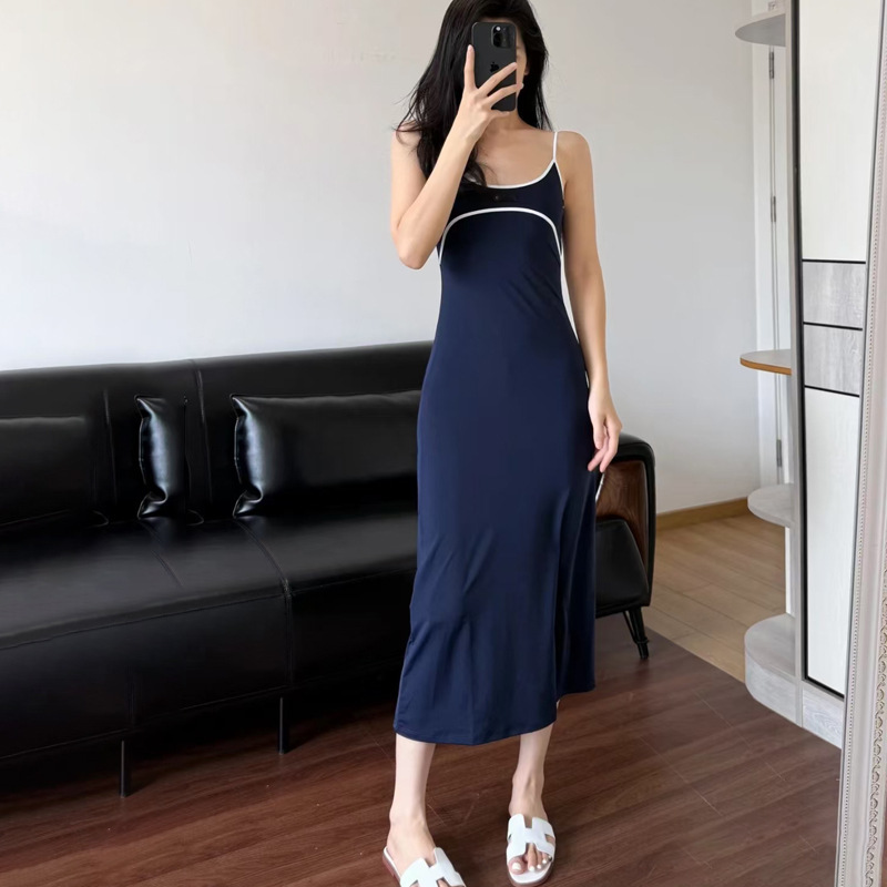25サマーMの新しいセレブスタイルのシンプルで多用途なスリムフィットコントラストカラーエッジフェイクツーピースベストサスペンダーロングドレス|undefined
