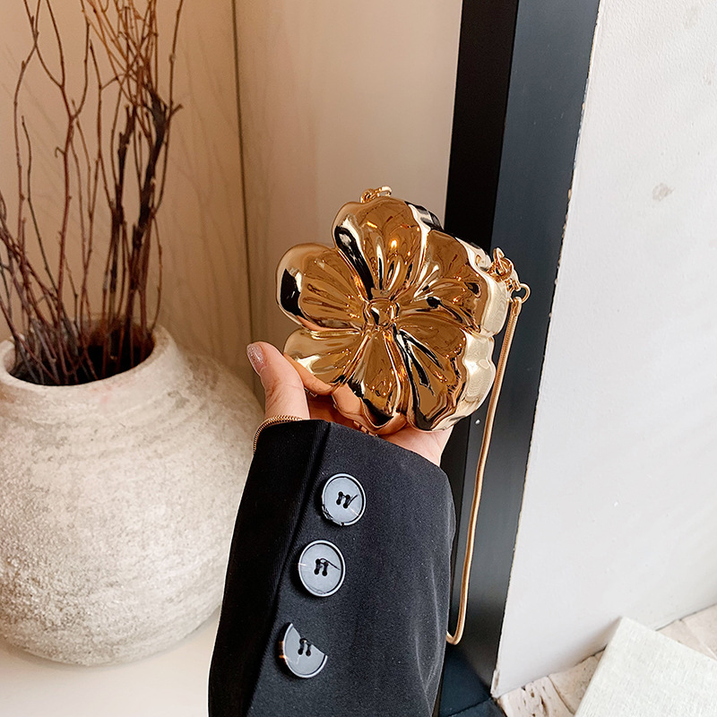 cross-border new arrival gold plated acrylic evening bag fashion small fresh flower shape chain one shoulder women‘s corssbody bag
