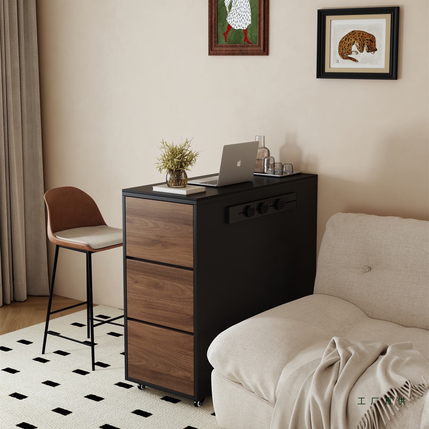 Movable Island Cabinet with Separate Rock Slab, Small-Sized Ultra-Narrow Kitchen Solid Wood Dining Table with Socket, Mini Countertop