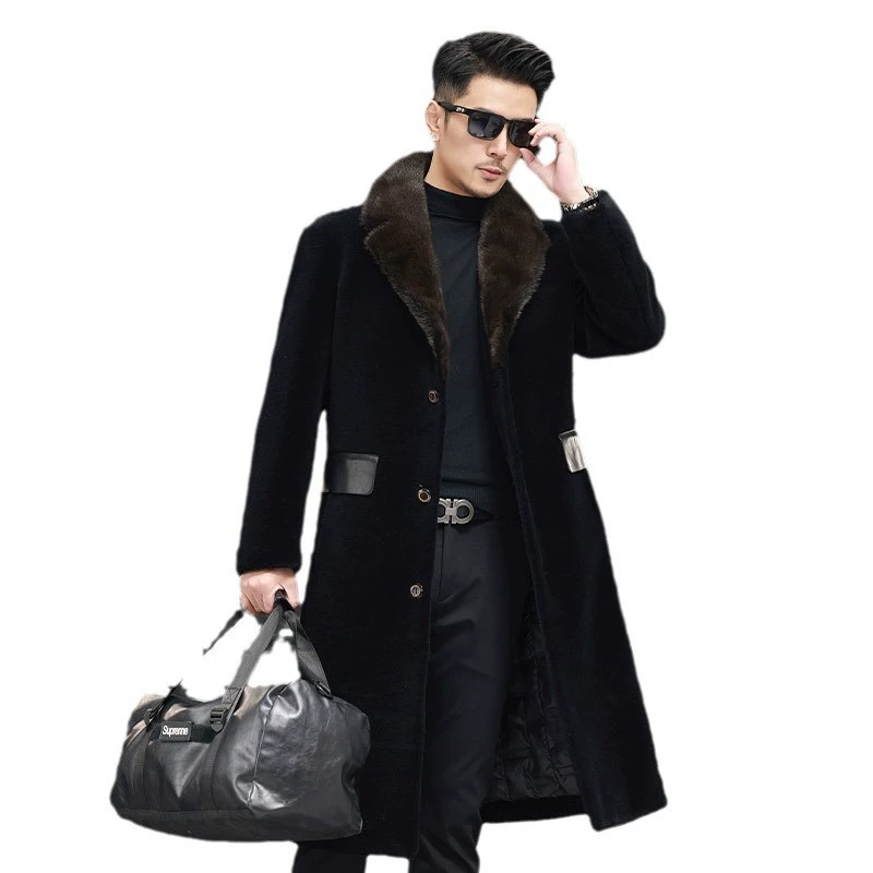 Woolen long velvet trench coat, down jacket, genuine leather