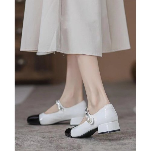Mary Jane Women's High Heels Autumn French Retro Color Block Rough Heel Round Toe Single Shoes