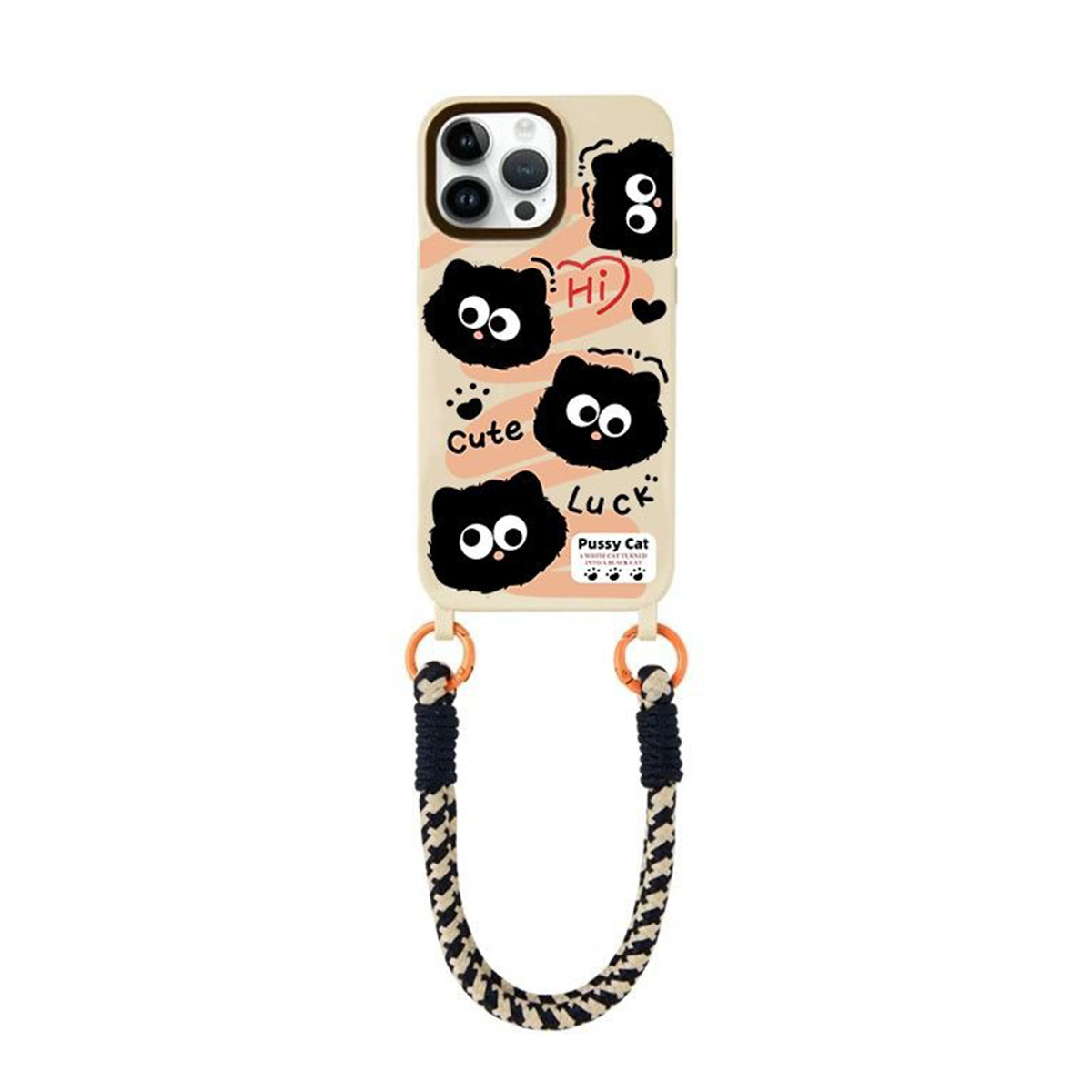 Lanyard Card Holder Mobile Phone Case Black Briquette Cat Suitable for Apple 17Promax Soft Cover All-Inclusive Bracelet Mobile Phone Case