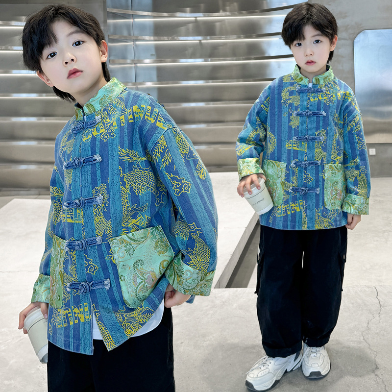 Mandarin Collar Hanfu Jacket 2024 New Spring Outfit Chinese Style Children's Boy Spring Ancient Costume Trendy