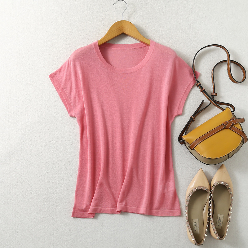 Round Neck Short Sleeve Shoulder Sleeve Knitted Silk Solid Color Summer Top Small Fly Sleeve Pullover