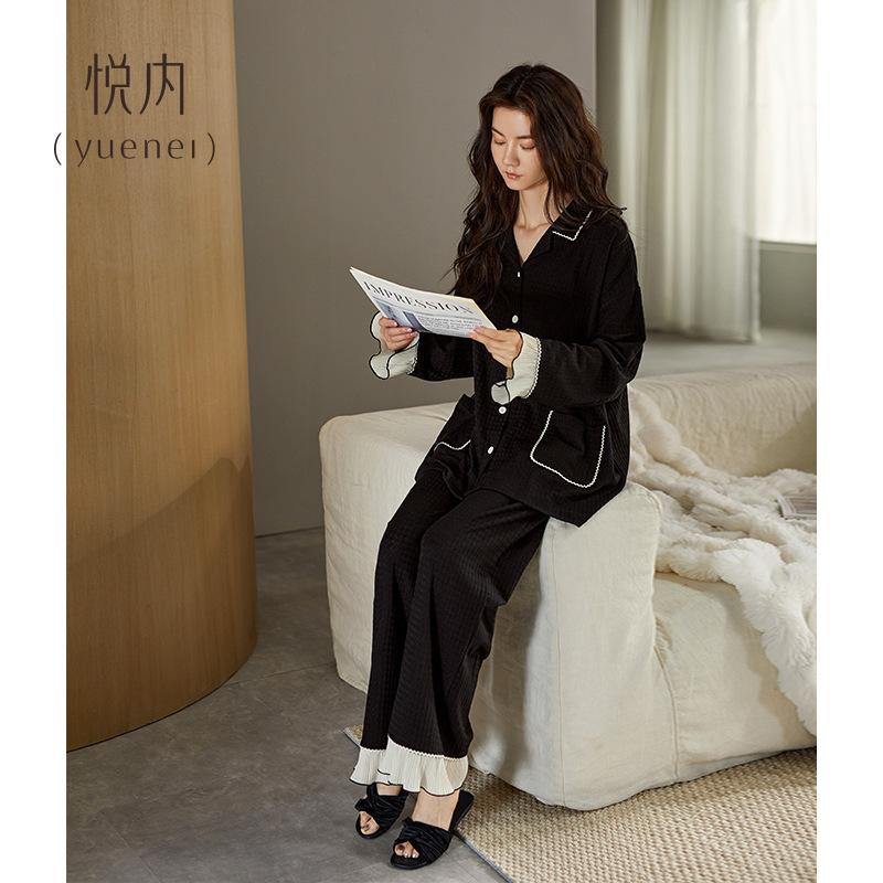 悦内睡衣女春秋季秋款秋天长袖家居服薄款感黑色套装半边绒德绒|undefined