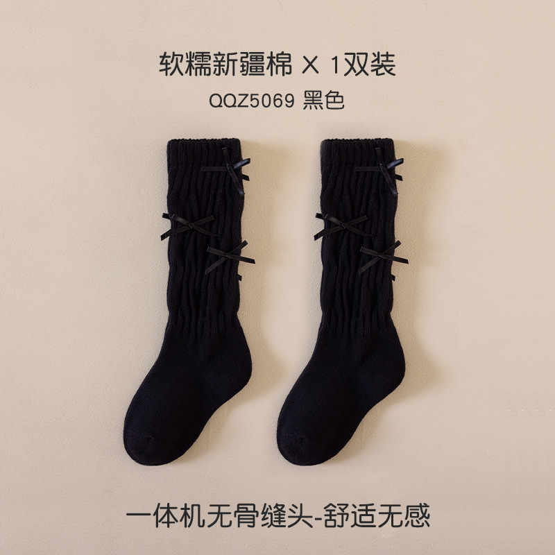 时尚蝴蝶结儿童堆堆袜 潮流ins女童高筒袜子小腿袜条纹显瘦舞蹈袜|undefined