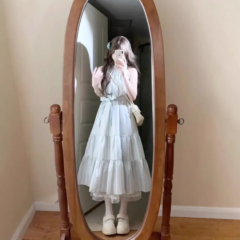 Mori Style Sweet Lace-up Hanging Halter Plaid dress Women's 2025 Loose Slimming Round Neck Sleeveless Knee A- line Long Dress