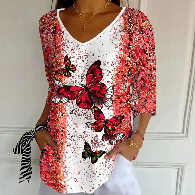Summer Casual Holiday Women's T-Shirt with Gradient Tie-Dye Color Block Butterfly Graphic Full-Body Print, Mid-Sleeve V-Neck