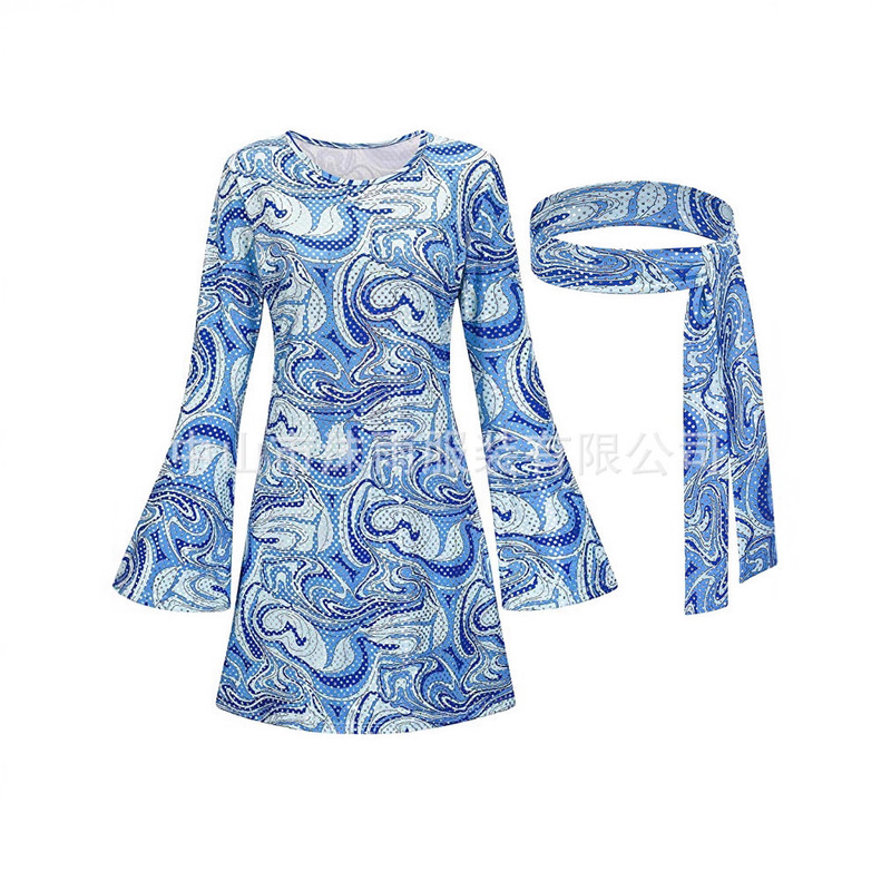 Halloween 2026 Amazon 80S Hippie Performance Costume Printed Sequin Dress Headscarf Two-Piece Set