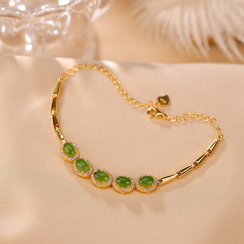 Vòng tay nữ charm ngọc bích Hetian mạ bạc S925 thiết kế cá tính — Kiểu màu bạc