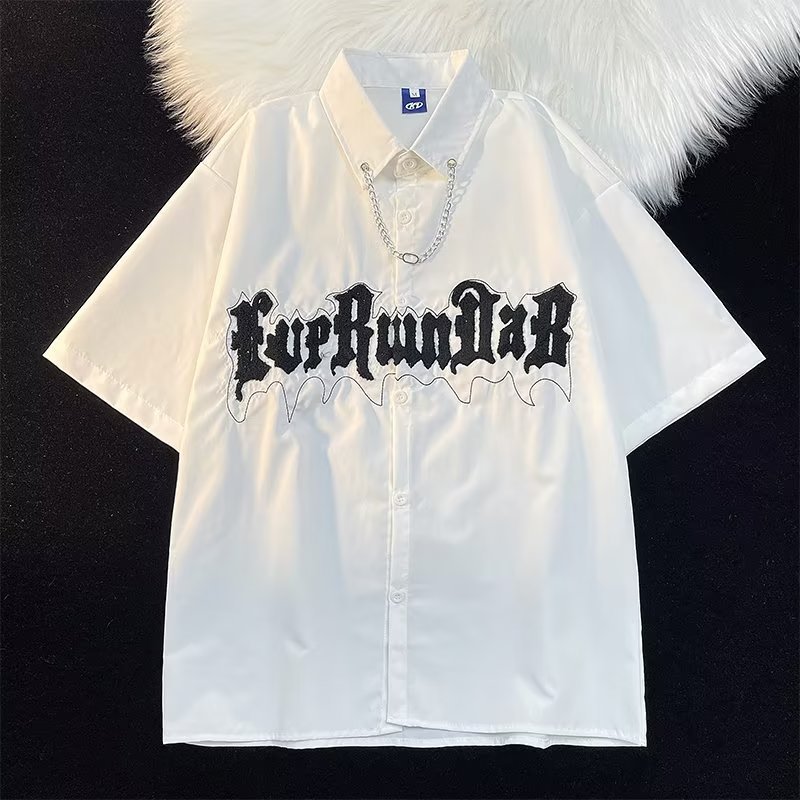 Impreso cuello cuadrado manga corta Camisa diaria primavera estándar hombres nueva moda Harajuku perezoso moda juvenil