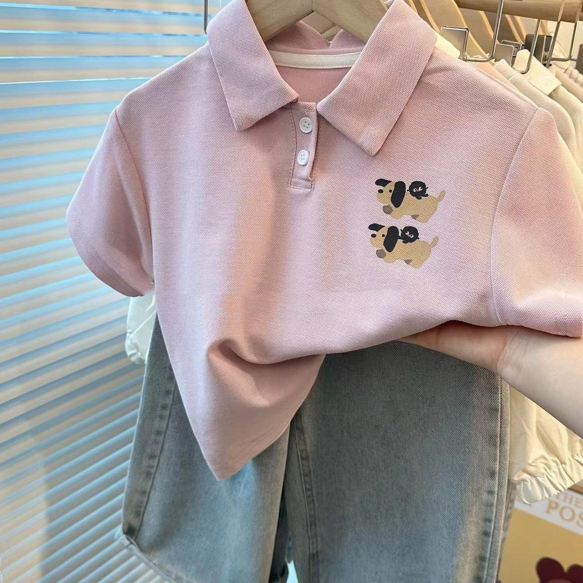 Korean children's summer T-shirt for middle kids 2024, polo collar, loose and casual, turn-up collar top for students