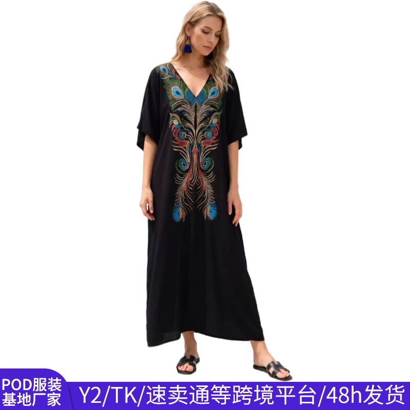 Amazon Cross-Border V-Neck Batwing Sleeve Women's Elegant Long Dress, Casual Comfortable Vacation Cover-Up for Export Amazon Cross-Border V-Neck Batwing Sleeve Women's Elegant Long Dress, Casual Comfortable Vacation Cover-Up for Export