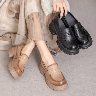 2025 New Genuine Leather Women's Shoes British Style Thick Bottom Platform Loaf Loafers Round Head Simple Light Bottom Small Leather Shoes for Women