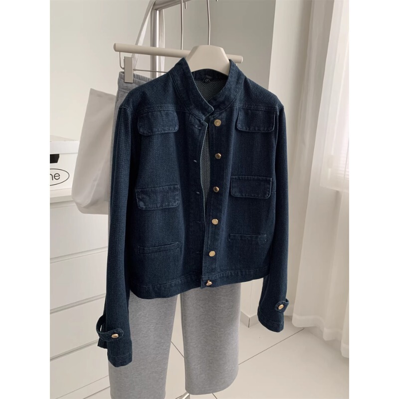 Trendy Retro Chanel-Style Denim Jacket for Women, Washed Cobalt Blue with Gold Buttons, Stand Collar, Short Cardigan for Petite Figures, Spring Season Trendy Retro Chanel-Style Denim Jacket for Women, Washed Cobalt Blue with Gold Buttons, Stand Collar, Short Cardigan for Petite Figures, Spring Season