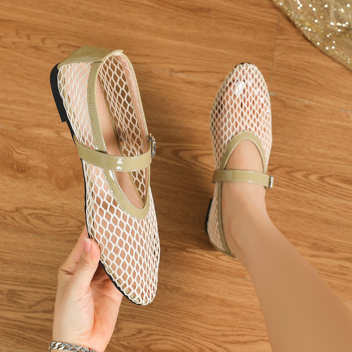 Women's round Toe Flat Fishnet Shoes Breathable Mesh Mary Jane Shoes with a Single Strap plus Sizes 35 45_vogvips.com
