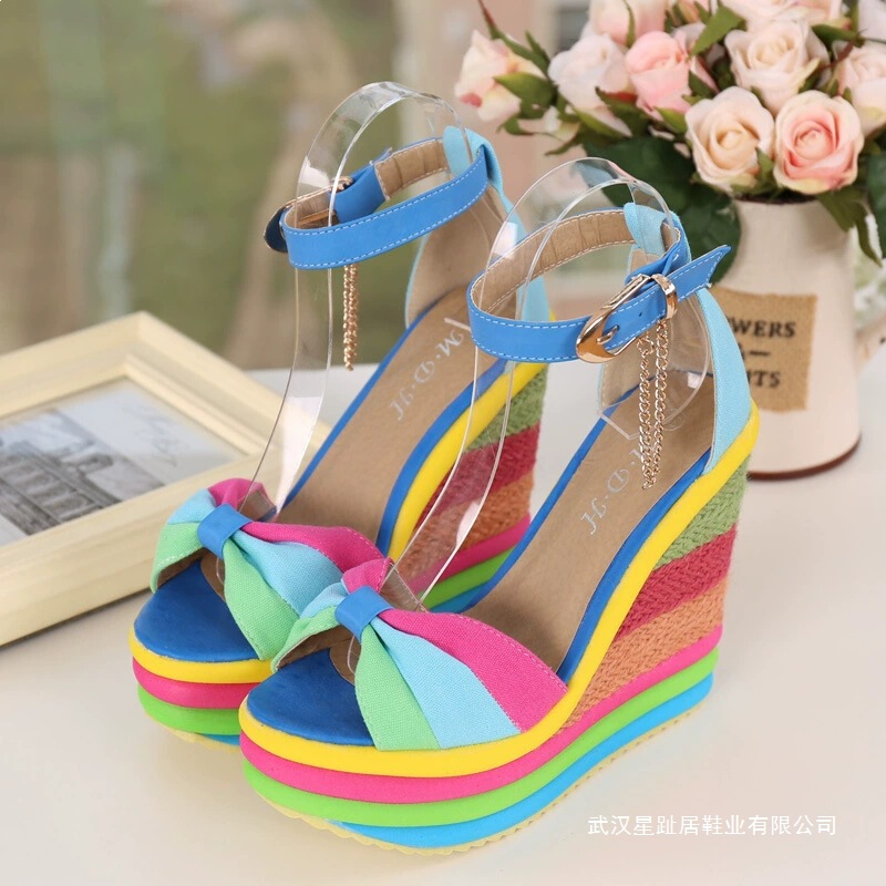 Cross-Border Foreign Trade Wholesale Summer New Style Ultra-High Heel Wedge Sandals Straw Woven Peep-Toe Roman Rainbow Size 43 Large Size Women's Shoes
