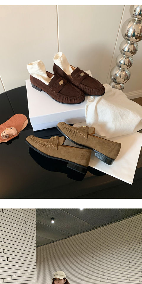 Giày lười nữ da bò nhăn nhúm phong cách retro, gót thô 6–8 cm, mũi tròn xỏ chân — Màu kaki, Màu nâu cà phê chi tiết 9
