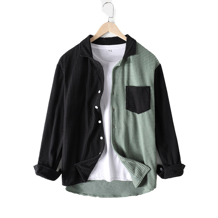 2025 Spring and Autumn Men's Clothing Aliexpress Color Block Long Sleeve Shirt Waffle Loose Shirt Jacket Workwear High Elasticity Comfortable