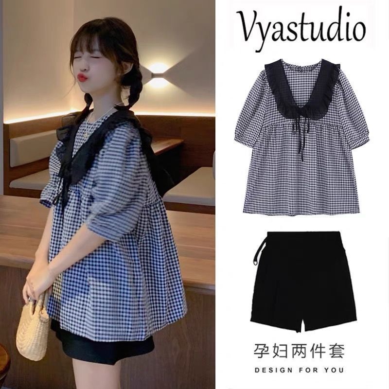 2023 Pregnant Women's Summer Plaid Suit Can Go Out Fashionable Short-sleeved Top Pregnant Women's Summer Two-piece Suit 2023 Pregnant Women's Summer Plaid Suit Can Go Out Fashionable Short-sleeved Top Pregnant Women's Summer Two-piece Suit