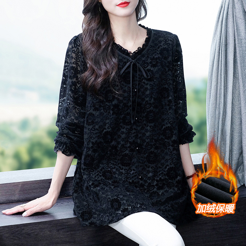 Spring and autumn new lace open sleeve long sleeve plus velvet large size loose base small shirt top mother middle-aged and elderly women's wear