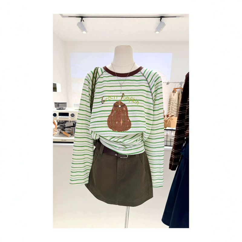 (Sorona Collar) Original Fabric Plus Size 120kg Striped Long Sleeve T-Shirt Women's Loose Color Block Crew Neck Top Autumn (Sorona Collar) Original Fabric Plus Size 120kg Striped Long Sleeve T-Shirt Women's Loose Color Block Crew Neck Top Autumn