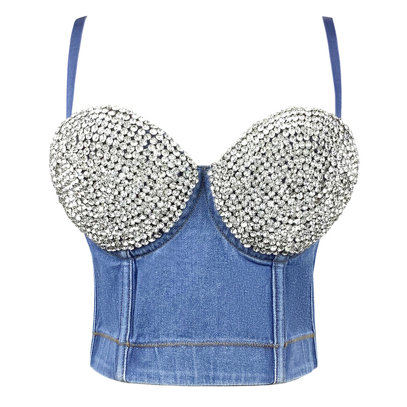 European and American fashion cropped slim-fit sleeveless rhinestone flash outer wear versatile Fishbone women's Denim tube top vest European and American fashion cropped slim-fit sleeveless rhinestone flash outer wear versatile Fishbone women's Denim tube top vest