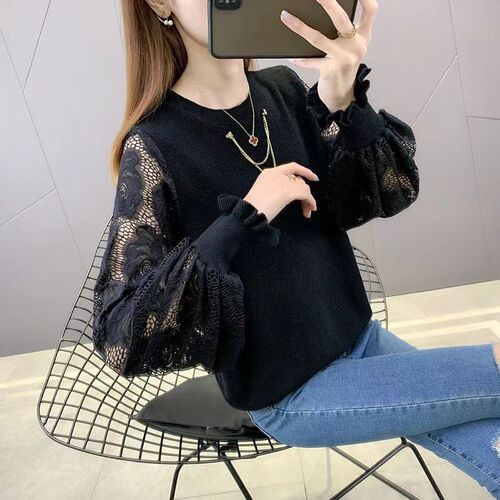 Spring New Arrival Round-Neck Pullover Hollow-Out Sweater for Women, Loose-Fitting Lace Fashion Top, Knitted Base Layer Shirt for Outwear