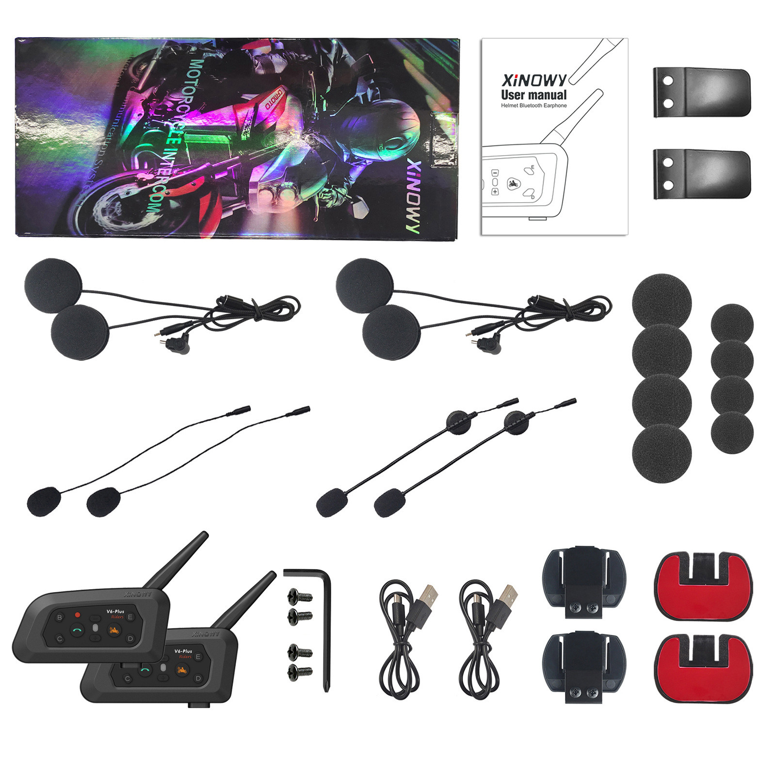 Xinowyv6Plus Motorcycle Helmet Bluetooth Headset for 2 People with Simultaneous Intercom Full-Duplex Helmet Intercom Headset