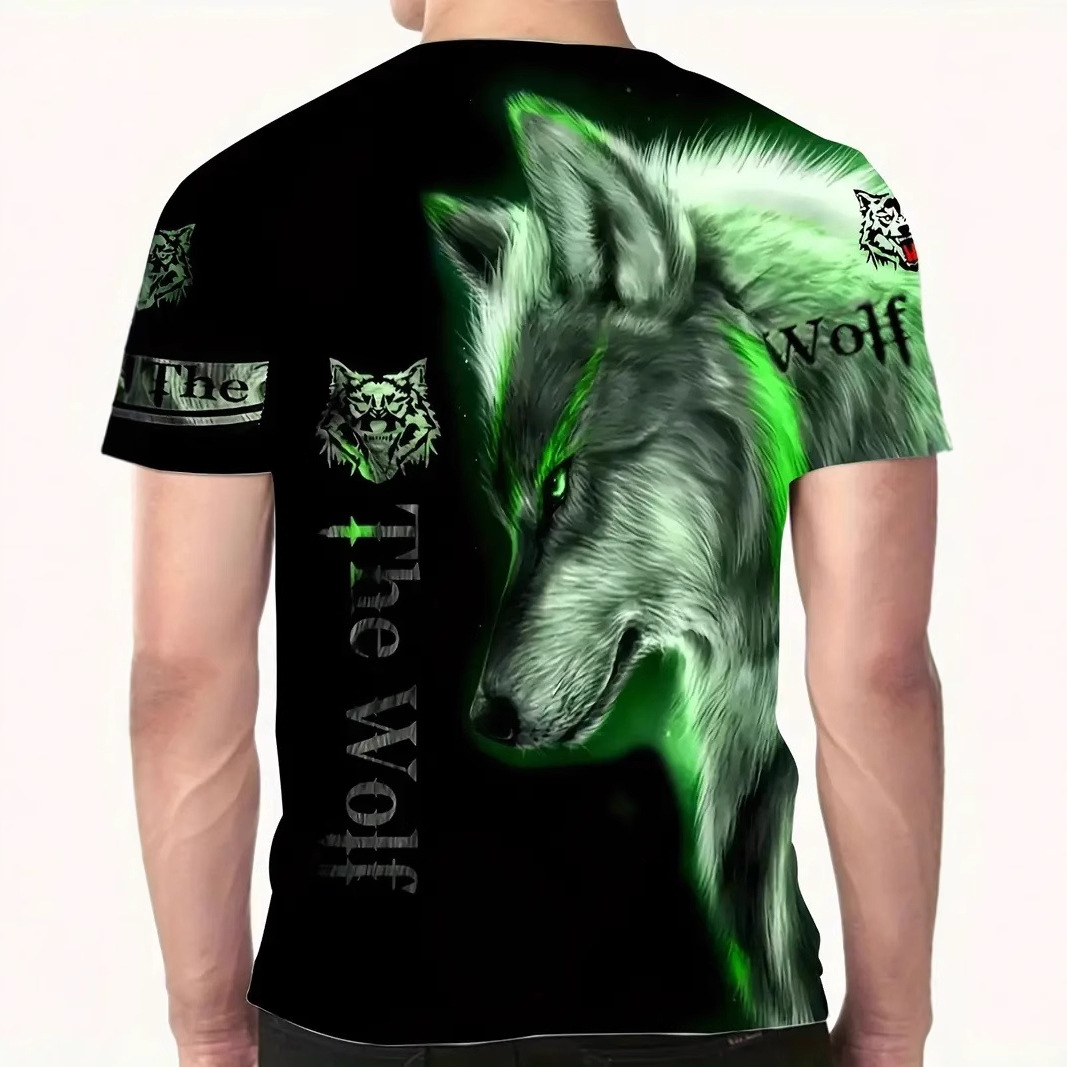 Eslóganes de lobo transfronterizo de AliExpress de Europa y América estampados en 3D Personalidad de la calle principal de los hombres Camiseta suelta de manga corta con cuello redondo