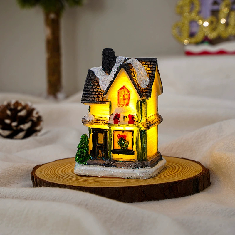 Miniature resin house decorations, micro landscape LED models, battery‑powered, assorted sizes 7–10 cm