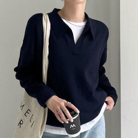 French Lazy Style Polo Collar Long-Sleeved Knitwear Women's 2025 Spring New Pure Color Office Pullover Top