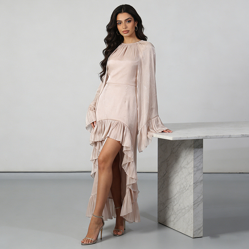 Gentle French-Style Champagne Gold Satin Dress with Irregular Long Skirt, 2026 Summer New Women's Cape Sleeve Solid Color Dress