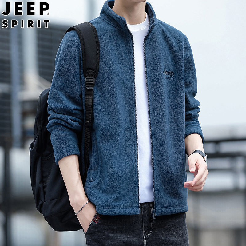JEEP SPIRIT Fleece Sweater for Boys Autumn fleece-lined All-match Solid Color Casual Sports Loose Cardigan for Men