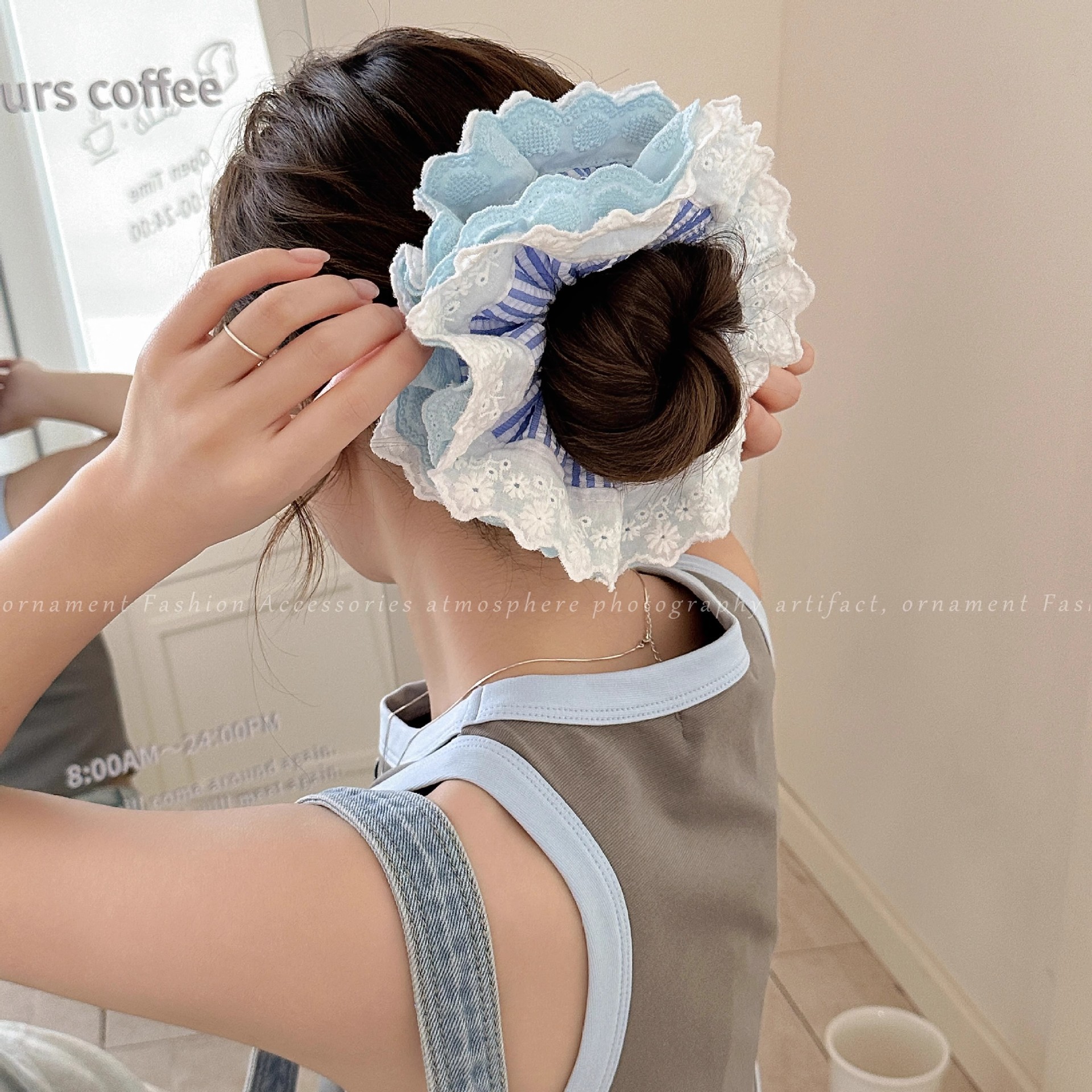 条纹发圈丸子头新款高级扎感2025双层春夏韩系蓝色大肠圈头花头绳