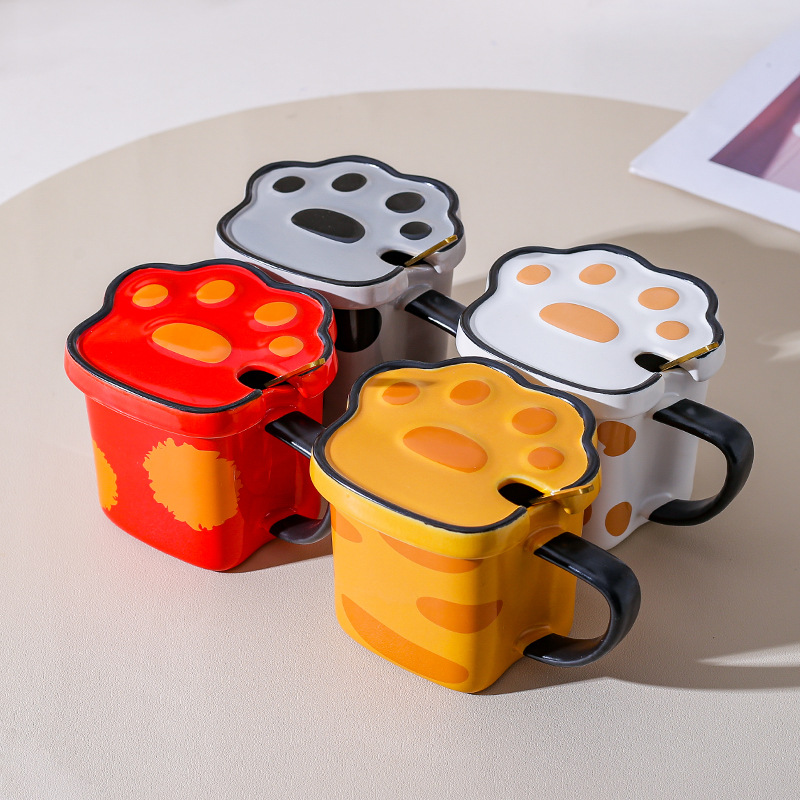 Creativo gato de dibujos animados garra Taza de cerámica Oficina pareja estudiante niños taza de beber con tapa cuchara taza de café