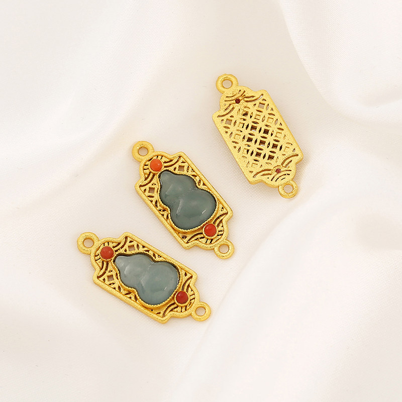 Inlaid with Natural Blue Water Jade, Gold-Plated Gourd Round Beads, Barrel Beads, Spacer Beads, Pendant DIY Bracelet Necklace Jewelry Accessories