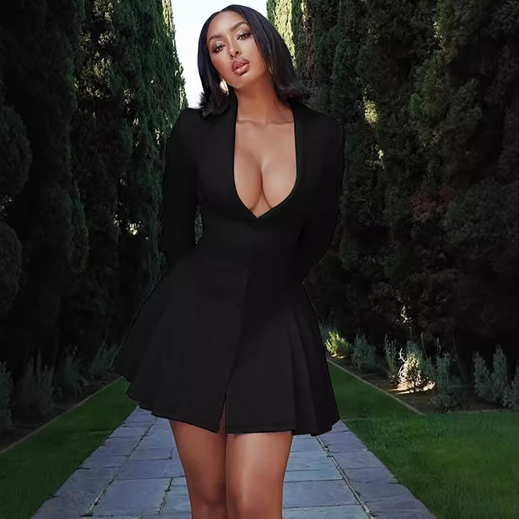 Transfronterizo Amazon Ropa de mujer europea y americana Otoño/invierno estilo caliente color sólido plisado de manga larga sexy vestido de traje con cuello en V profundo mujeres image 5
