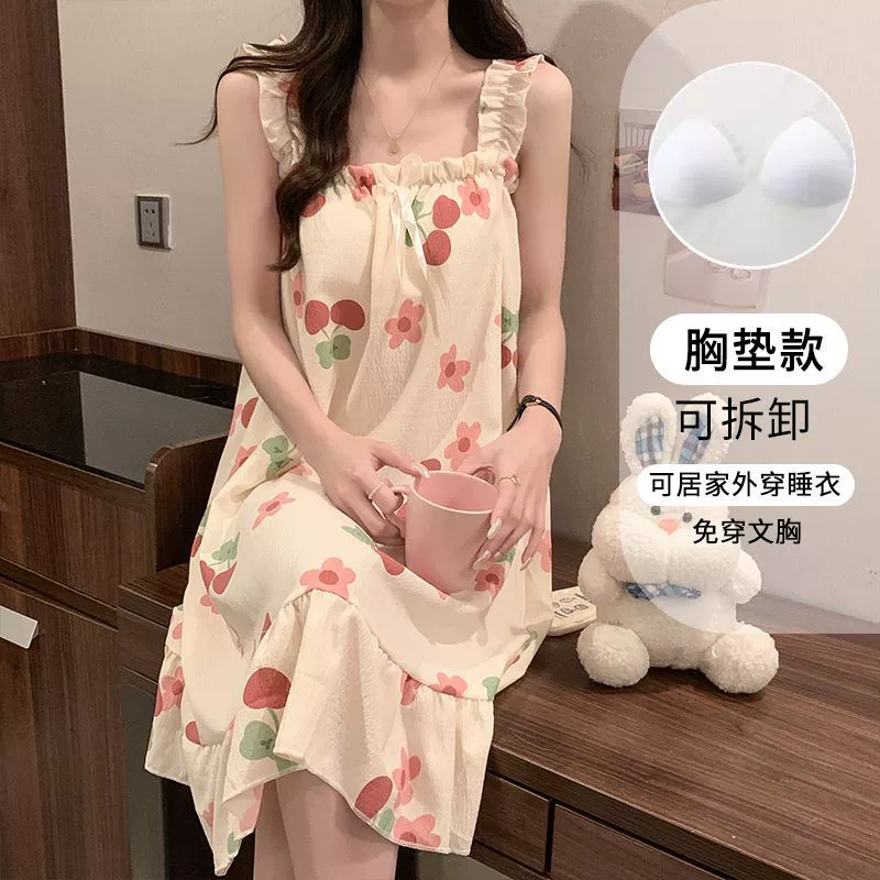 2025 новый стиль вишневый цветок пузырь хлопчатобумажный нагрудный коврик с нагрудным ремнем ночное платье женская сладкая летняя принцесс стиль повседневная домашняя одежда