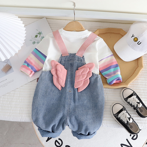 Yikids Girls' Cute Denim Overalls Set with Cartoon Doll Design, 2-Piece Outfit for Baby Girls