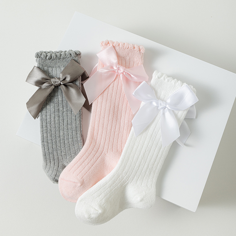 Abbigliamento per bambini Calzini per bambini Calzini lunghi stile primavera e autunno Calzini per neonati Calzini in cotone per bambine con fiocco in stile principessa_voghion.com